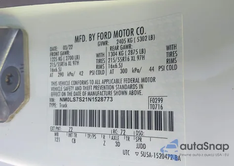 2022 Ford Transit Connect Xl z USA, uszkodzony, nr VIN NM0LS7S21N1528773